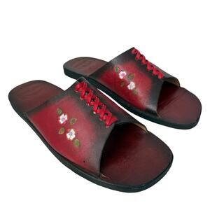 Handmade Womens Sandals 10 Red Tooled Leather Floral Made In Brazil Resortwear